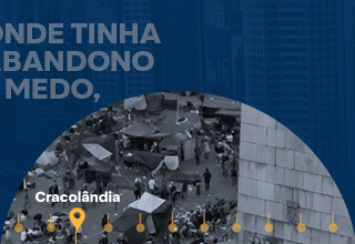 Imagens de antes e depois de onde se localizava a cracolândia intercalando-se.  Onde tinha tráfico de drogas, a Prefeitura fortaleceu a segurança e segue monitorando a região. O nosso Desafio continua - Saiba mais