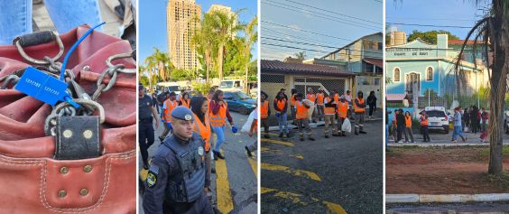 A imagem tem 4 quadros. Na primeira aparece o close de um lacre sobre um objeto aprrendido de couro não identificado na foto. Na segunda um policial escolta grupo de agent4s de colete laranja responsaveis pelas apreensões, notereiro quadro os agentes aparentem reunidos numa calçada como que esperandoo momento da ação e por último  o grupo reaparece  circulando na via. 