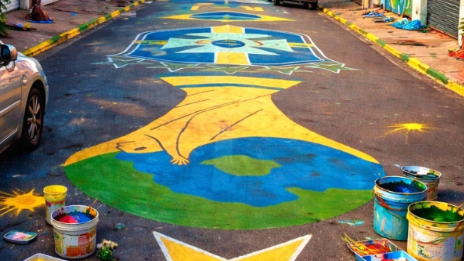 Rua pintada de verde e amarelo com símbolo da taça da Copa do Mundo 