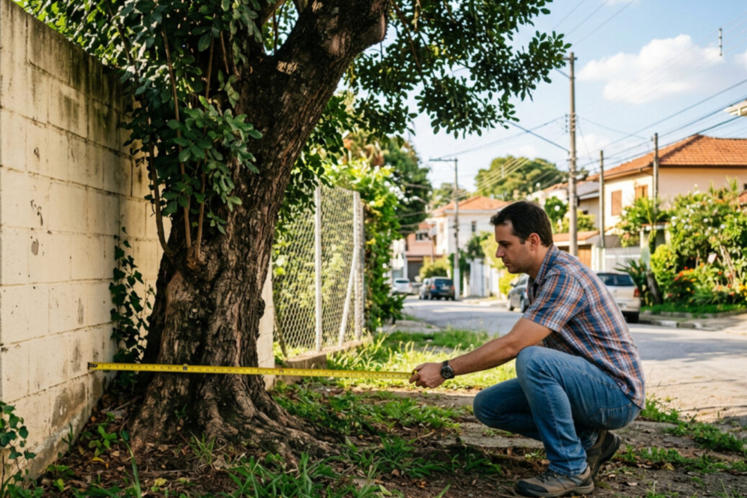 Pessoa medindo a distância de uma árvore em relação a calçada