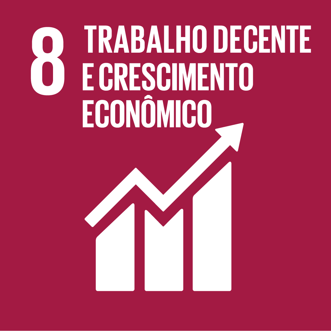 A imagem mostra o ícone da ODS 8 “trabalho decente e crescimento econômico”, representada por um ícone vermelho escuro, com o desenho de um gráfico de barras ascendentes com uma seta em cima 