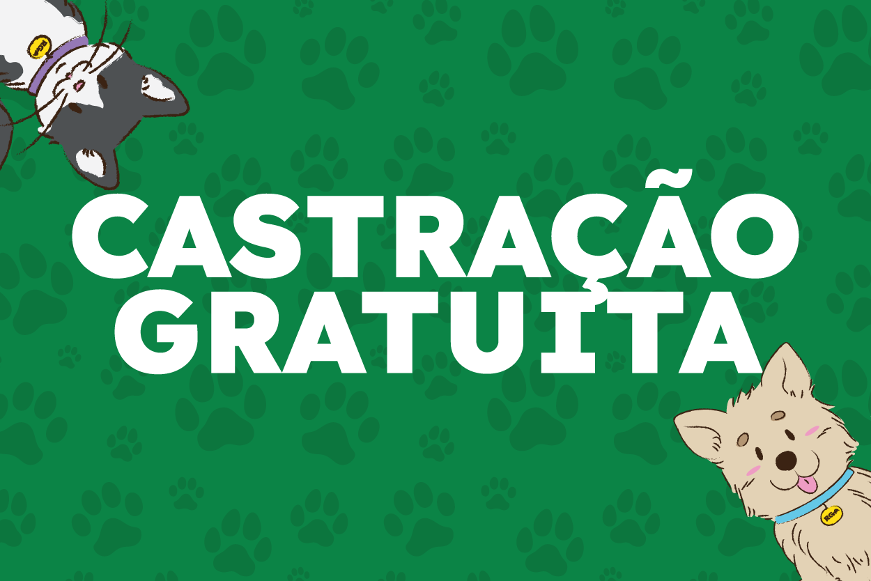 Pra Todos Verem: Banner com fundo verde e estampas de pegadas de patas. No centro, o texto “CASTRAÇÃO GRATUITA” em letras brancas e grandes. No canto superior esquerdo, aparece parcialmente um gato ilustrado nas cores cinza e branco. No canto inferior direito, aparece parcialmente um cão ilustrado de cor clara com coleira azul. A arte divulga o serviço de castração gratuita para animais.