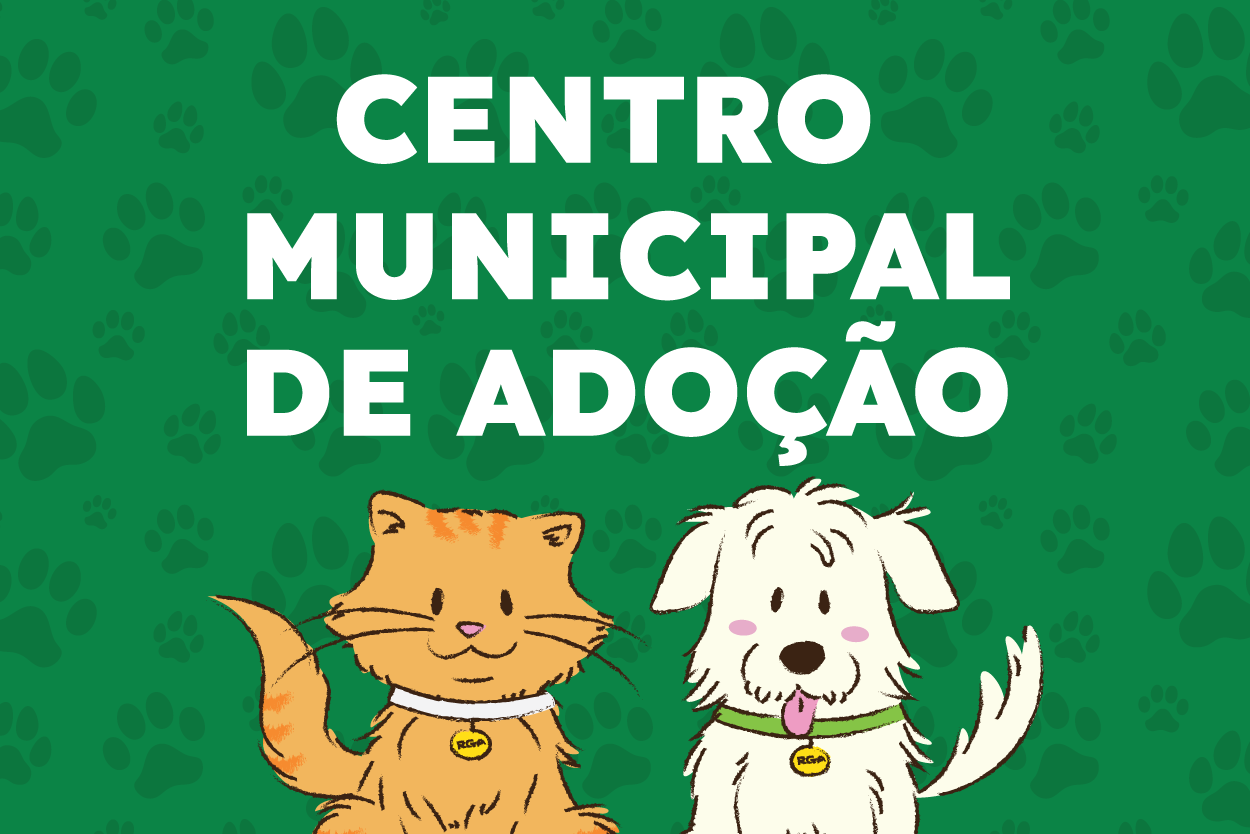 Pra Todos Verem: Banner com fundo verde e estampas de pegadas de patas. No centro, o texto “CENTRO MUNICIPAL DE ADOÇÃO” em letras brancas e grandes. Na parte inferior, aparecem as ilustrações de um gato laranja e de um cão branco, ambos usando coleiras com medalhas de identificação. A arte divulga o Centro Municipal de Adoção e incentiva a adoção responsável de animais.