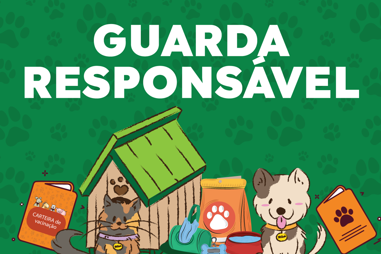 Pra Todos Verem: Banner com fundo verde e estampas de pegadas de patas. No centro, o texto “GUARDA RESPONSÁVEL” em letras brancas e grandes. Na parte inferior, aparecem ilustrações de uma carteira de vacinação, uma casinha para animais, um gato, um cão, recipientes de alimentação e acessórios de cuidados pet. A arte incentiva a guarda responsável e o bem-estar dos animais.