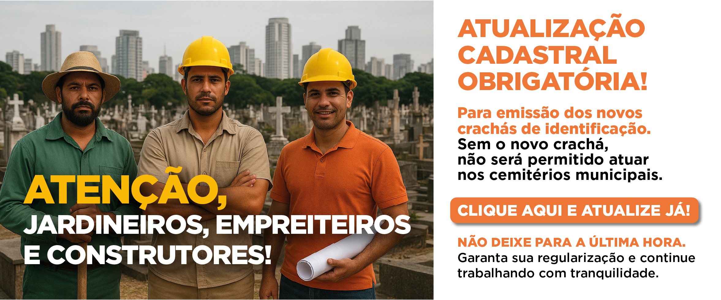 Atenção, jardineiros, empreiteiros e construtores! Atualização cadastral obrigatória para emissão dos novos crachás de identificação. Clique aqui e atualize já.